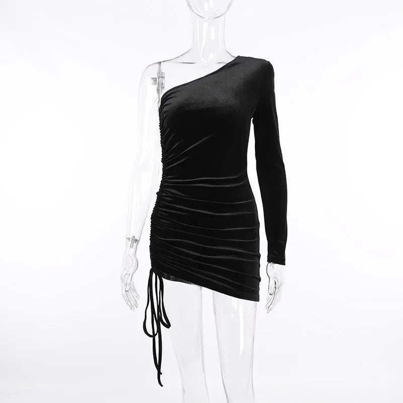 Grasmere One Shoulder Velvet Lace Up Party Bodycon Dress