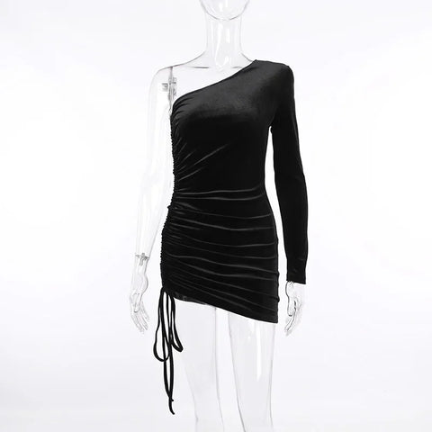 Grasmere One Shoulder Velvet Lace Up Party Bodycon Dress