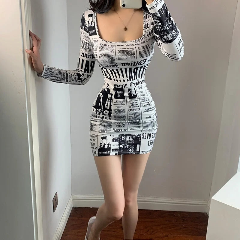 Amazonia Printed Newspaper Sexy New Fashion Street Shooting Slim Mini Dress