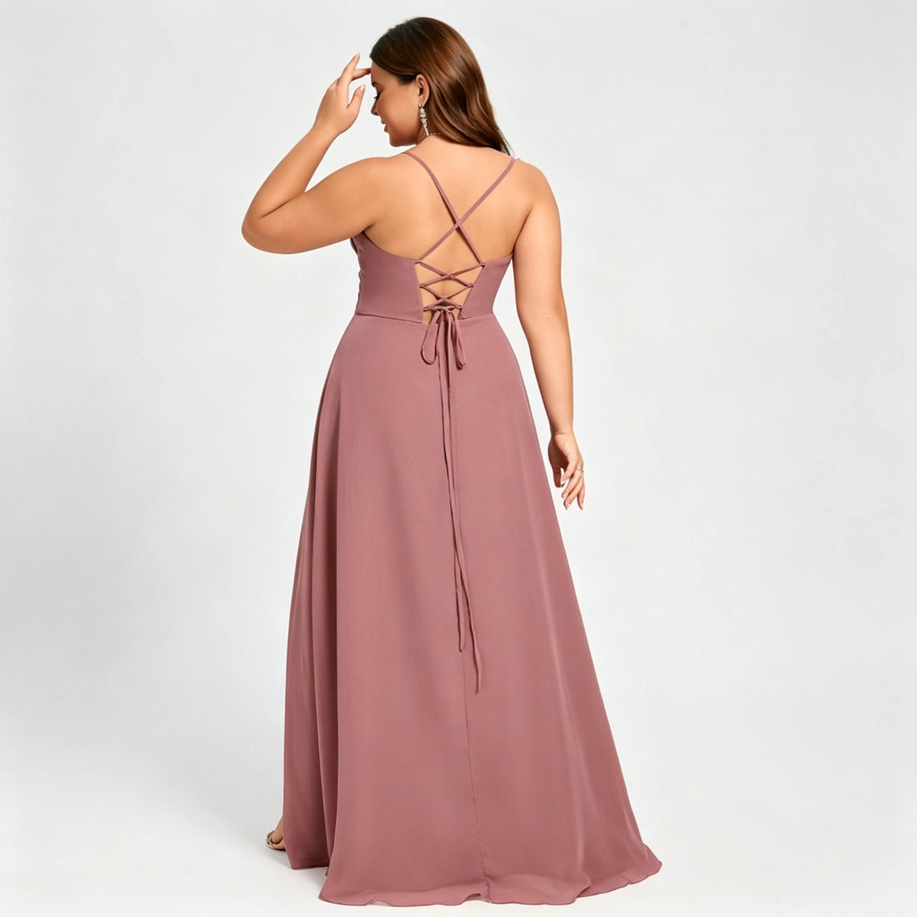 Lawrence Plus Size Chiffon Bridesmaid Dress Dusty Rose Crisscross Back Slit Formal Gown
