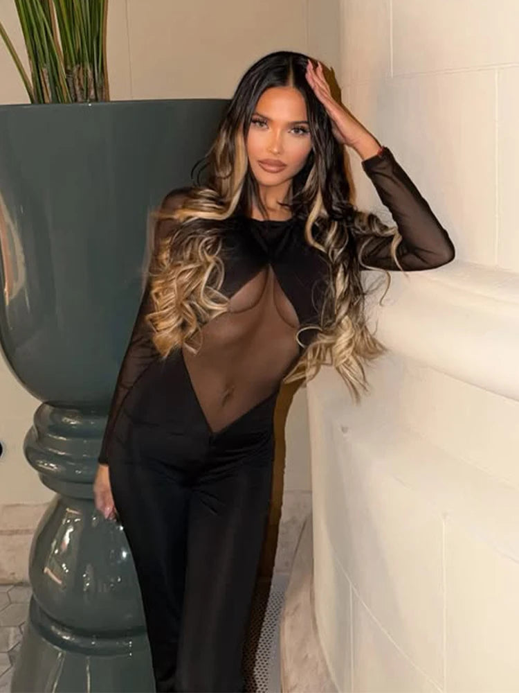 Ridgewood Streetwear Mesh Patchwork Jumpsuits Regular Long Sleeves