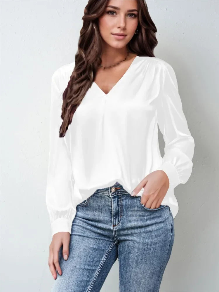 Elmer Solid Color V-Neck Long Sleeve Office Loose Elegant Blouse