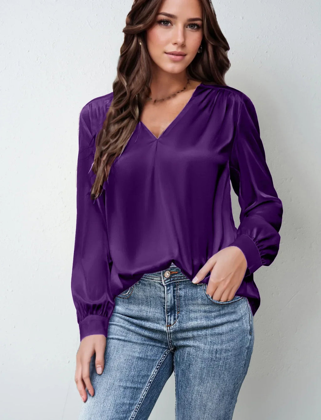 Elmer Solid Color V-Neck Long Sleeve Office Loose Elegant Blouse