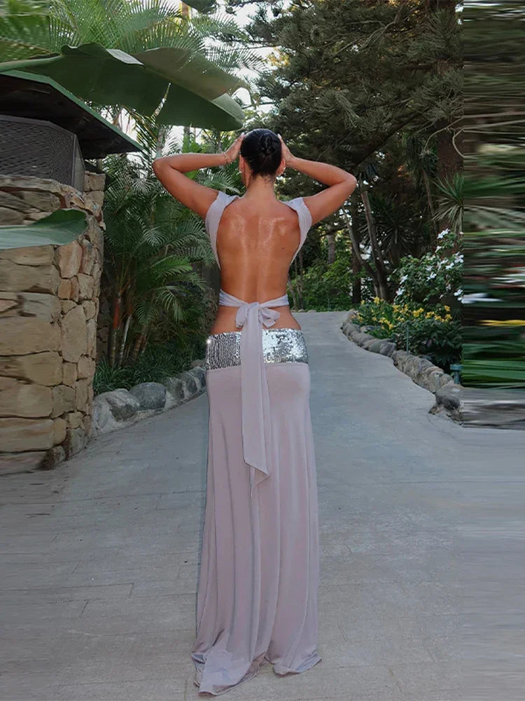 Obaska Stylish Sexy Backless Shiny Sleeveless O Neck Set