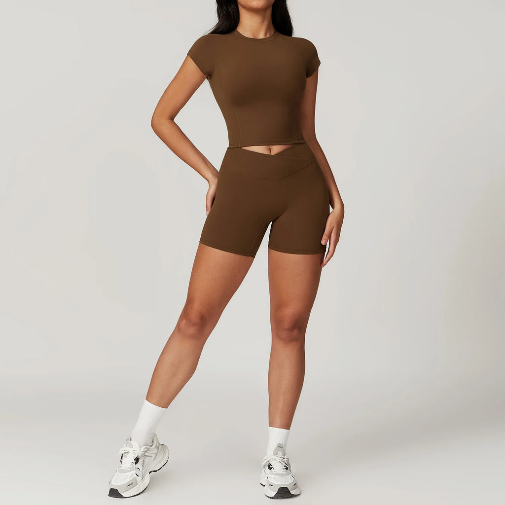 Hilda Women Fitness Short Sleeve Two Piece Sets