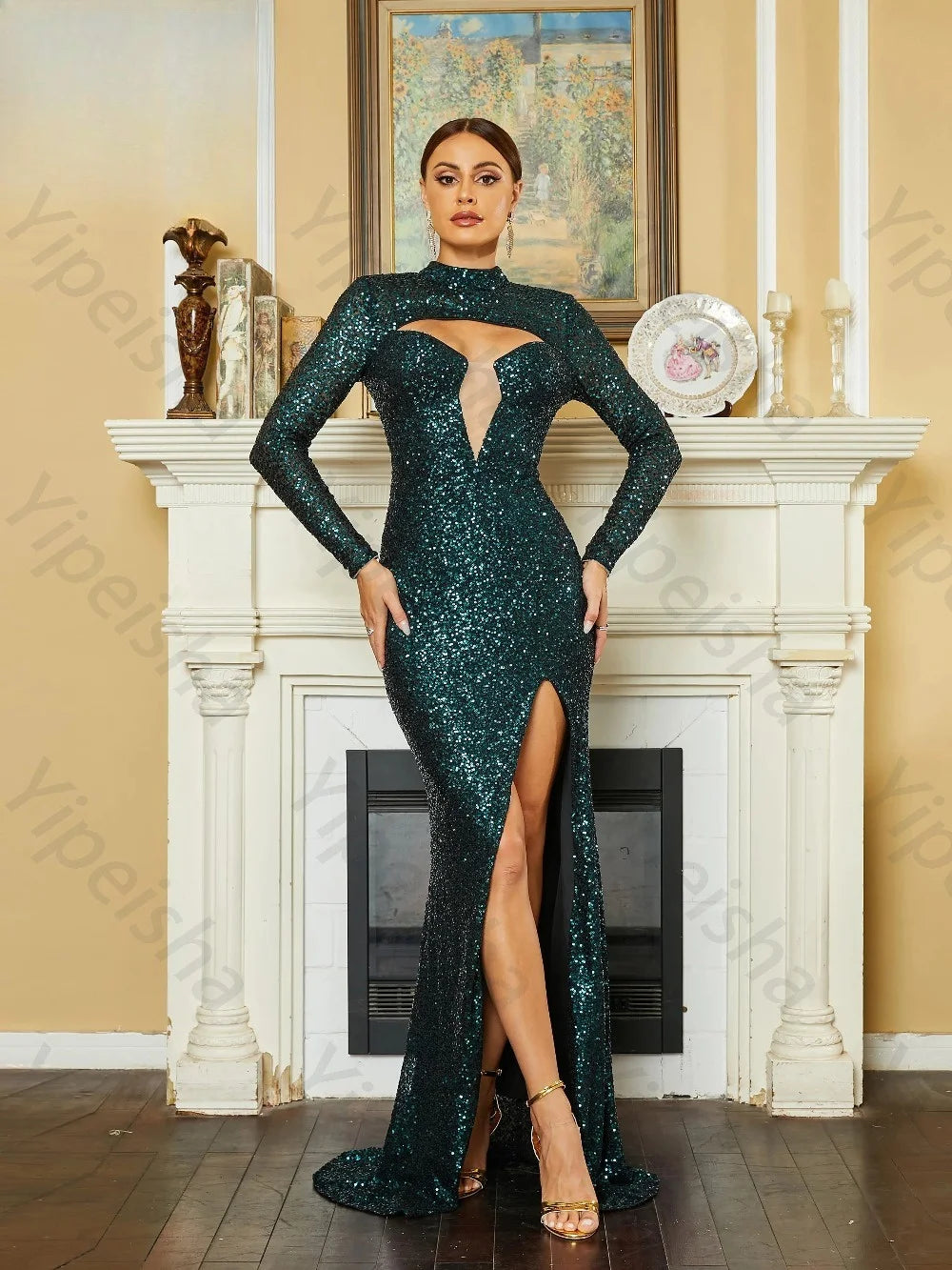 Allentown Emerald Green Sequin Full Sleeve Evening Gown Keyhole Mermaid Dress