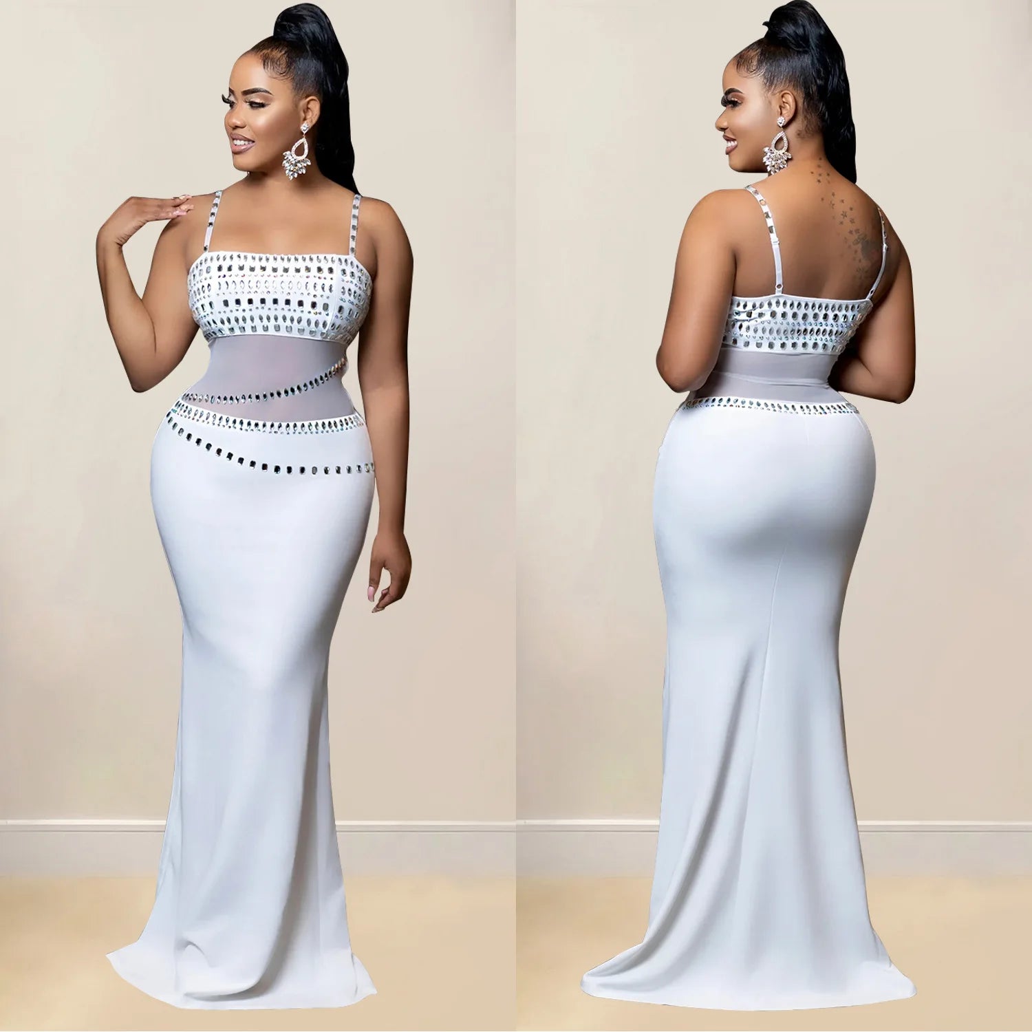 Stamford Diamond Mesh Sexy Transparent Lace Party Elegant Maxi Dress