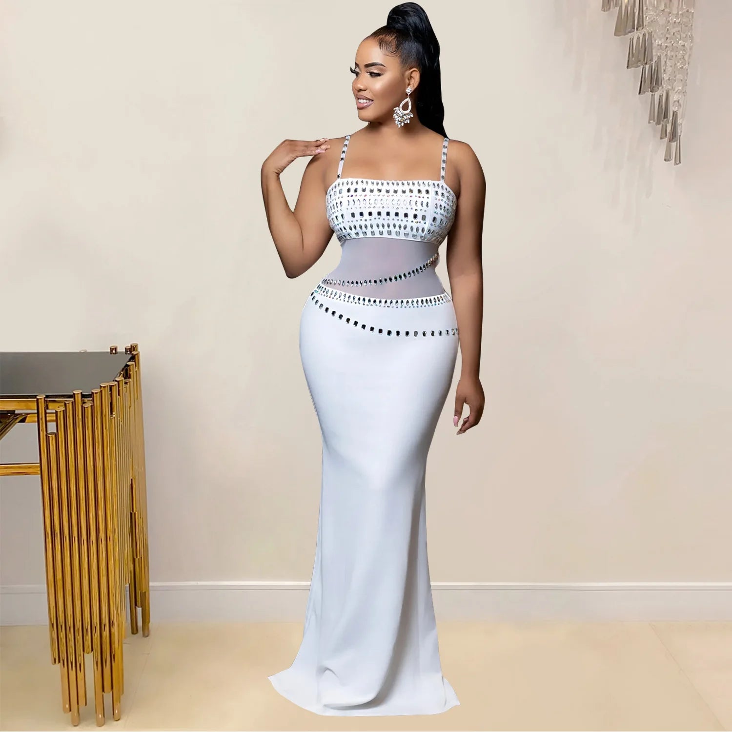 Stamford Diamond Mesh Sexy Transparent Lace Party Elegant Maxi Dress
