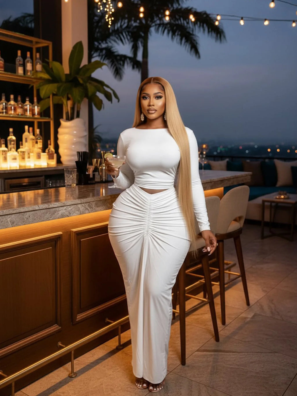 Mohegan Ruched Patchwork Bodycon Solid Color Hollow-out Long Sleeves Dress