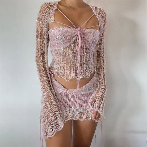 Ismel Glitter Sequins Knitted Two Piece Sets