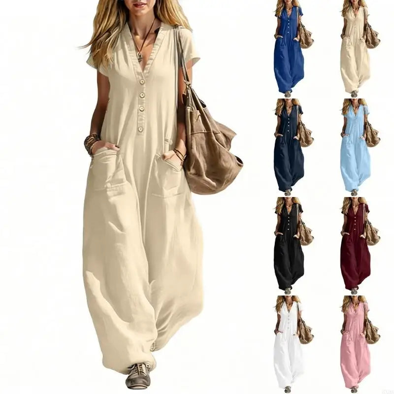 Jumpsuits for Women Linen Button Sleeve Jumpsuits Wide Leg V Neck Rompers Vacation Clothes with Pockets 6XDA