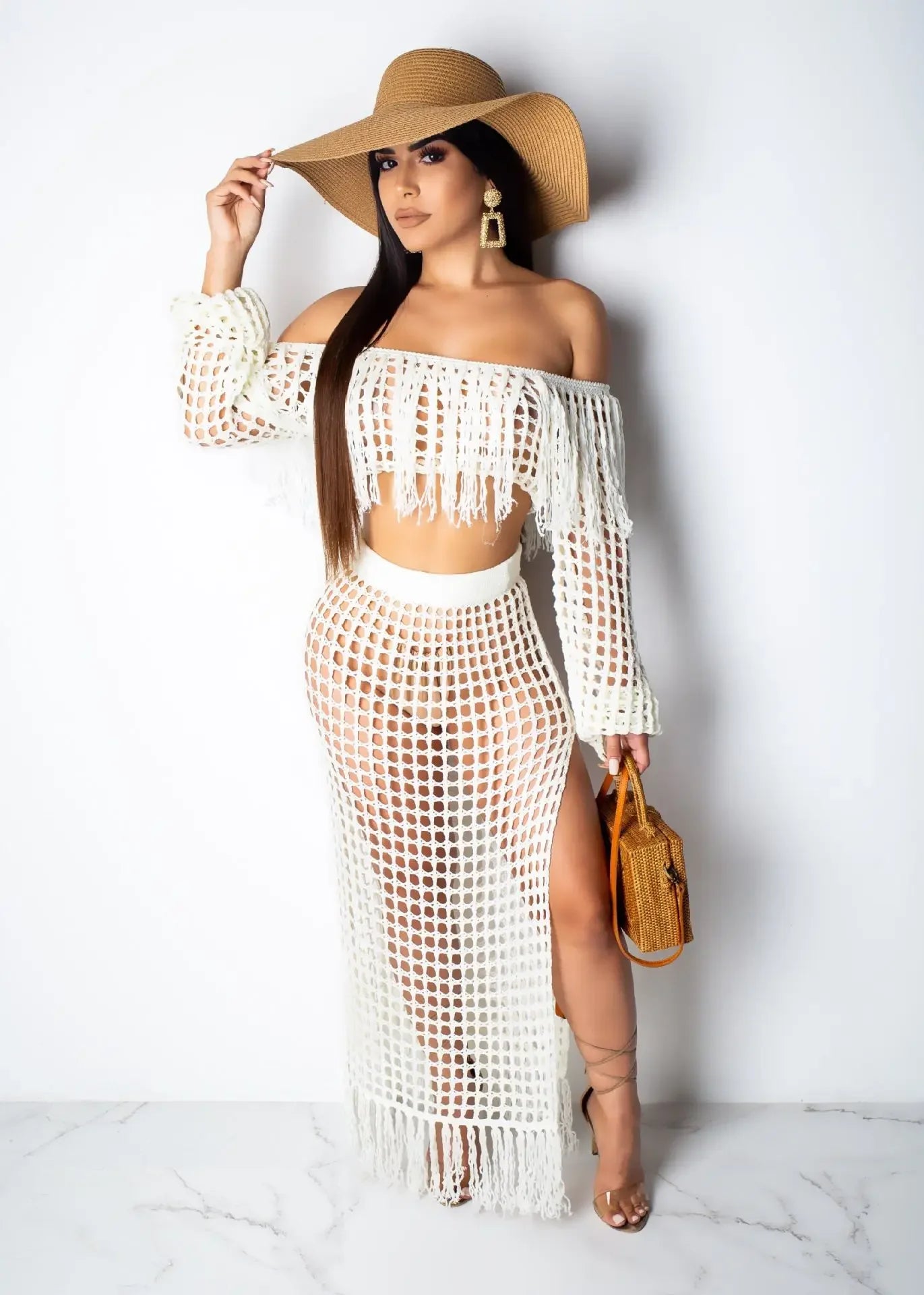 Off Shoulder Tassel Hollow Out Beach Set