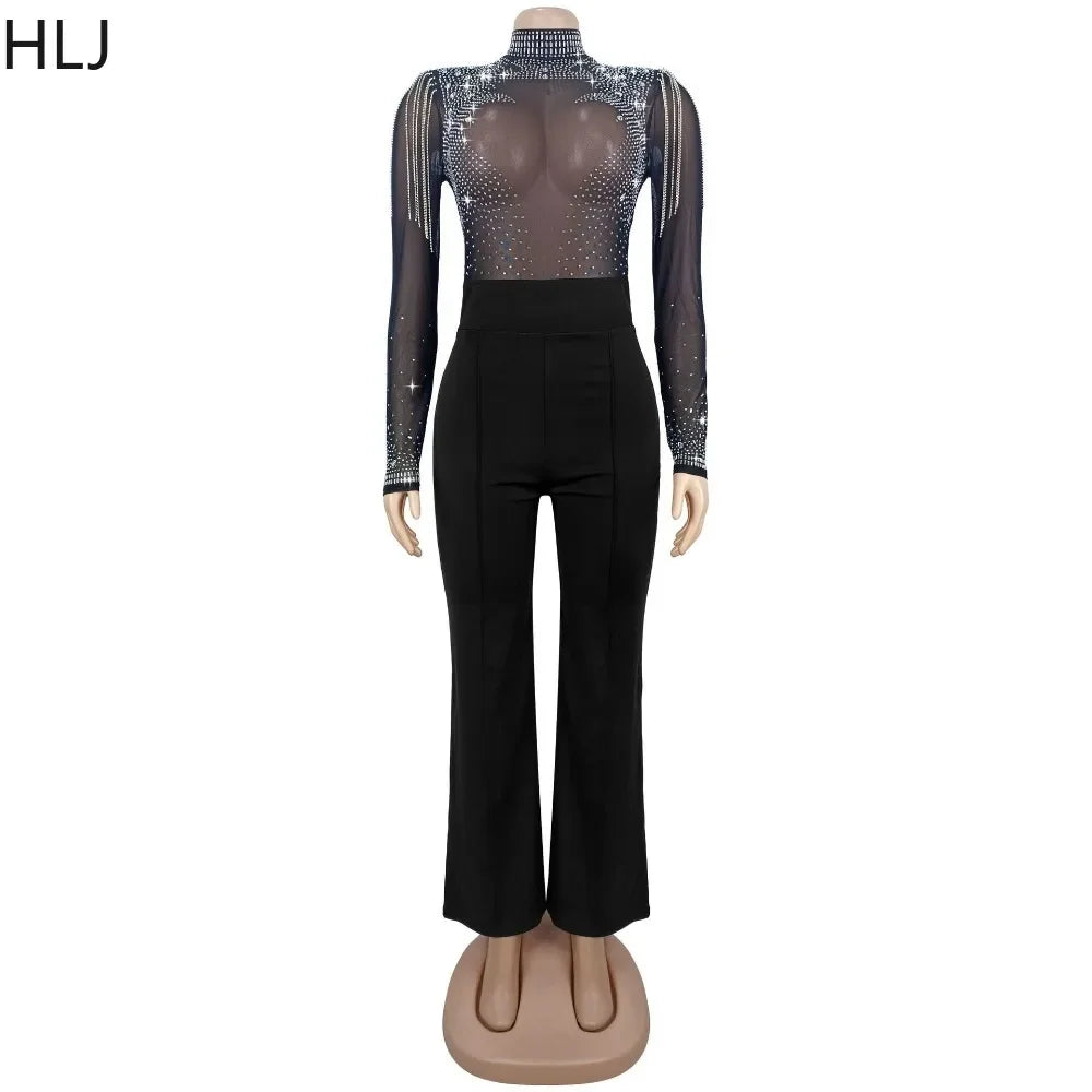 Lincoln Square Rhinestone Patchwork Mesh See Through Long Sleeves Jumpsuit