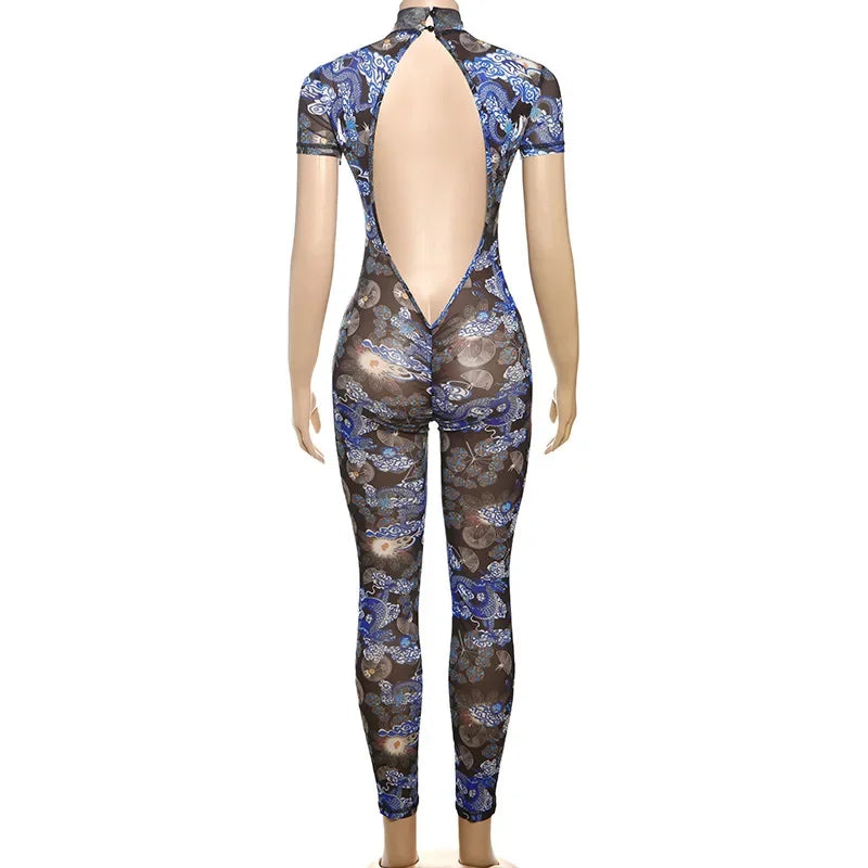Auburn Hollow Out Playsuits Female Nightout Fashion Mesh Thin Sheer Jumpsuits