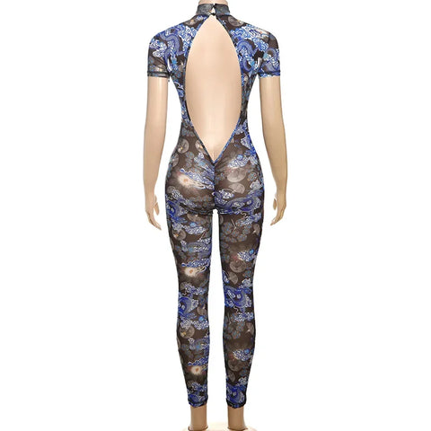 Auburn Hollow Out Playsuits Female Nightout Fashion Mesh Thin Sheer Jumpsuits