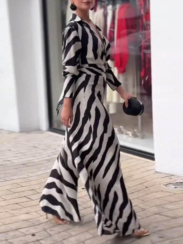 Troy Zebra Printed Wide Leg Lapel Jumpsuits Long Sleeves High Waisted
