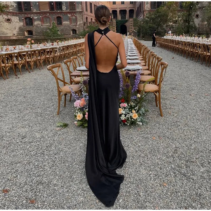 Califon Sexy Satin Ribbon Party Elegant Halter Backless Off Shoulder Sleeveless Maxi Dress