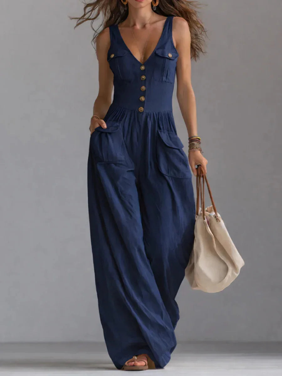 Women's Jumpsuit Featuring V-Neck, Button Decor, Wide-Leg Design and Pockets