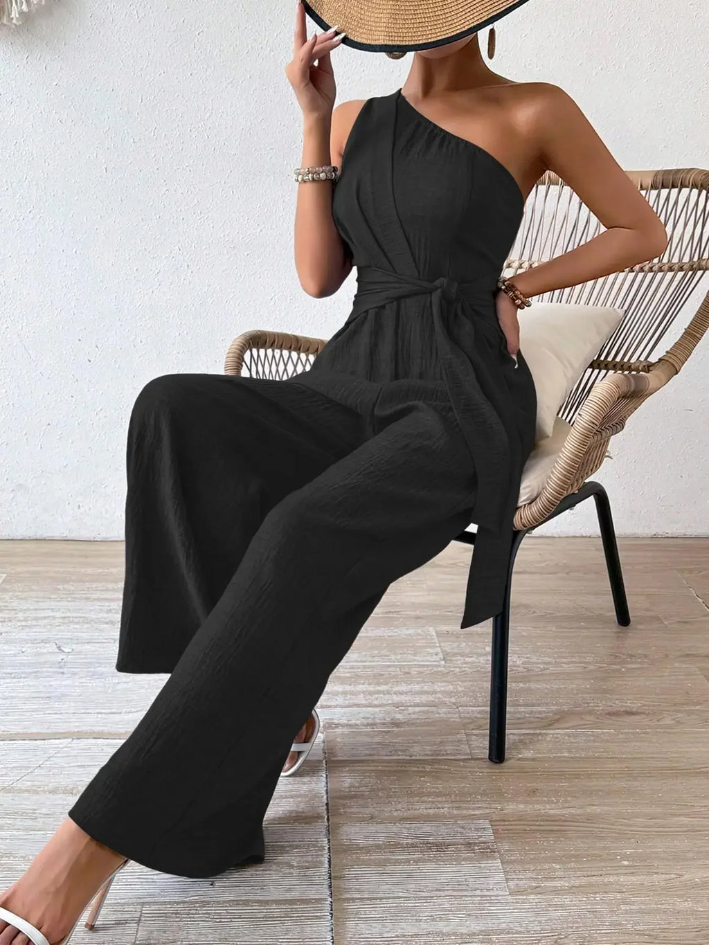 Detroit Fashion Sleeveless Diagonal Collar High Waist Lace-up Wide Leg Jumpsuits