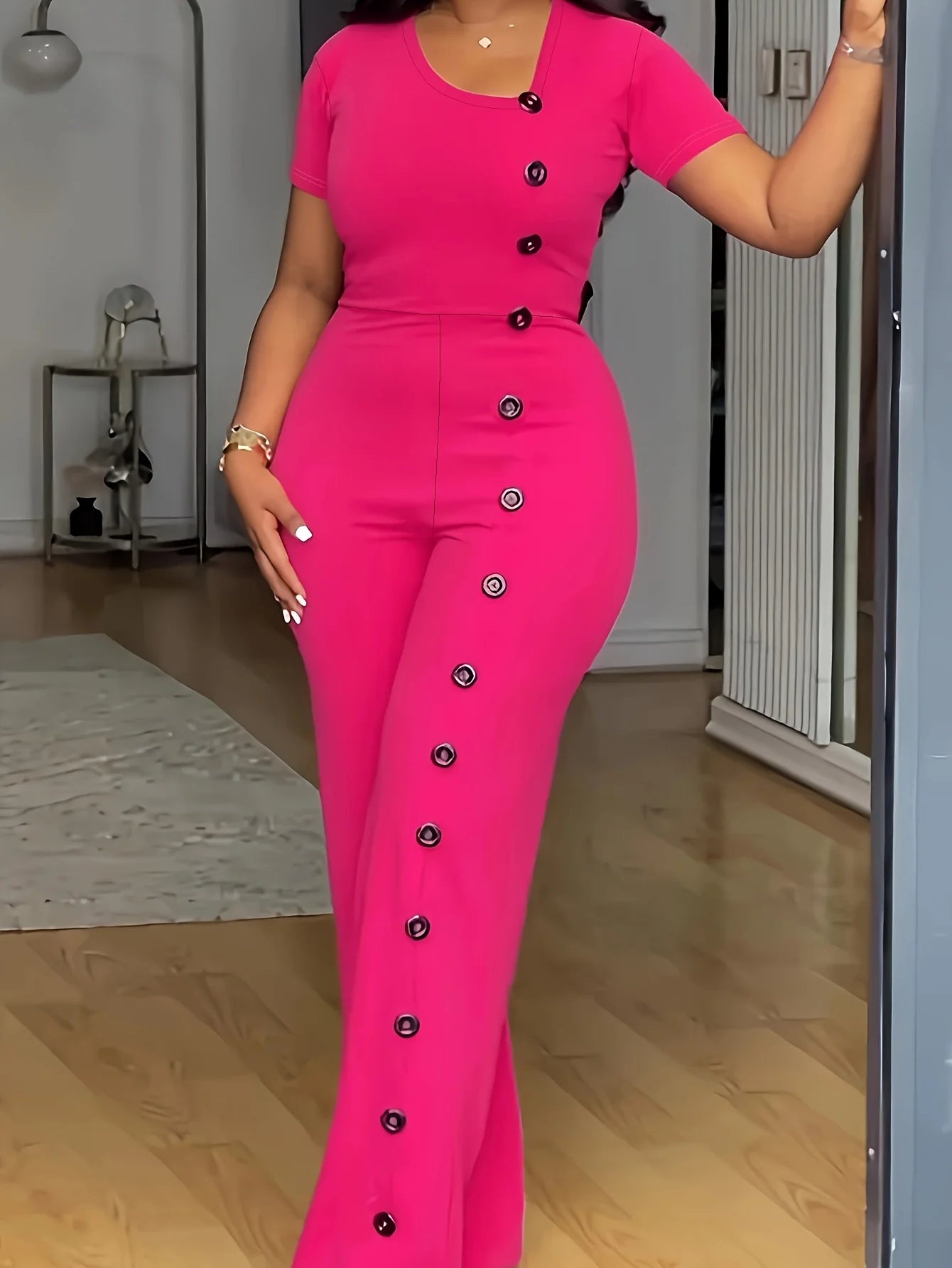 Lake Orion Formal Short Sleeve Buttoned Office Straight Jumpsuit