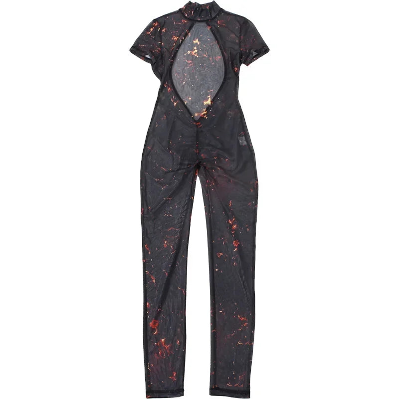Auburn Hollow Out Playsuits Female Nightout Fashion Mesh Thin Sheer Jumpsuits