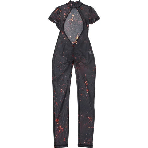 Auburn Hollow Out Playsuits Female Nightout Fashion Mesh Thin Sheer Jumpsuits