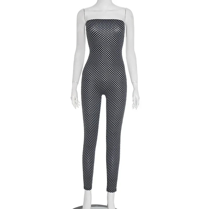 Sunset Park Dots Print Lace Up Halter Backless Skinny Knee Length Jumpsuits