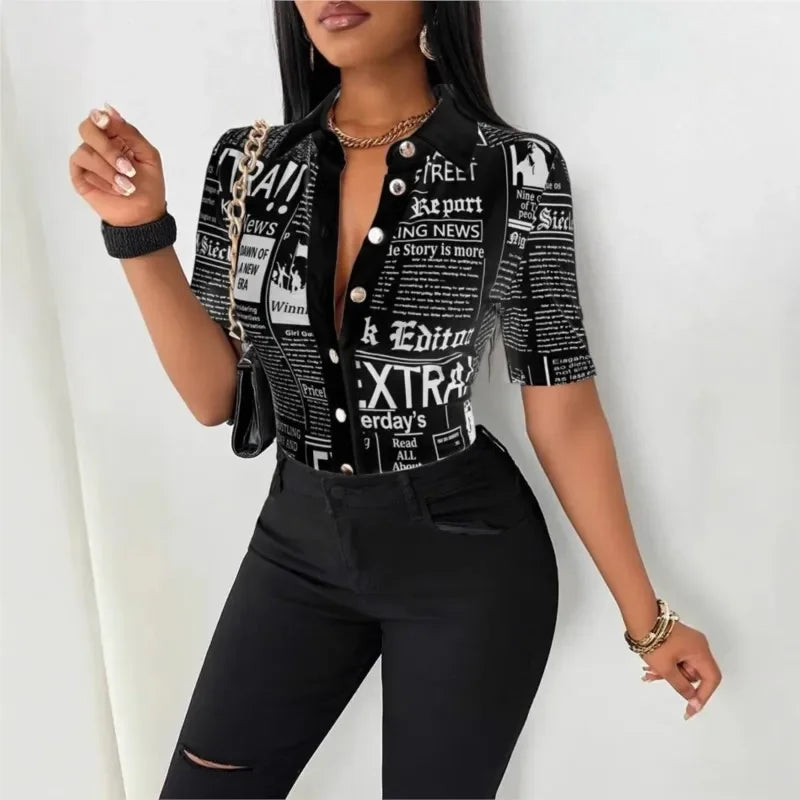 Pluto Elegant Fashion Newspaper Pattern Print Single Breasted Short Sleeve Tops