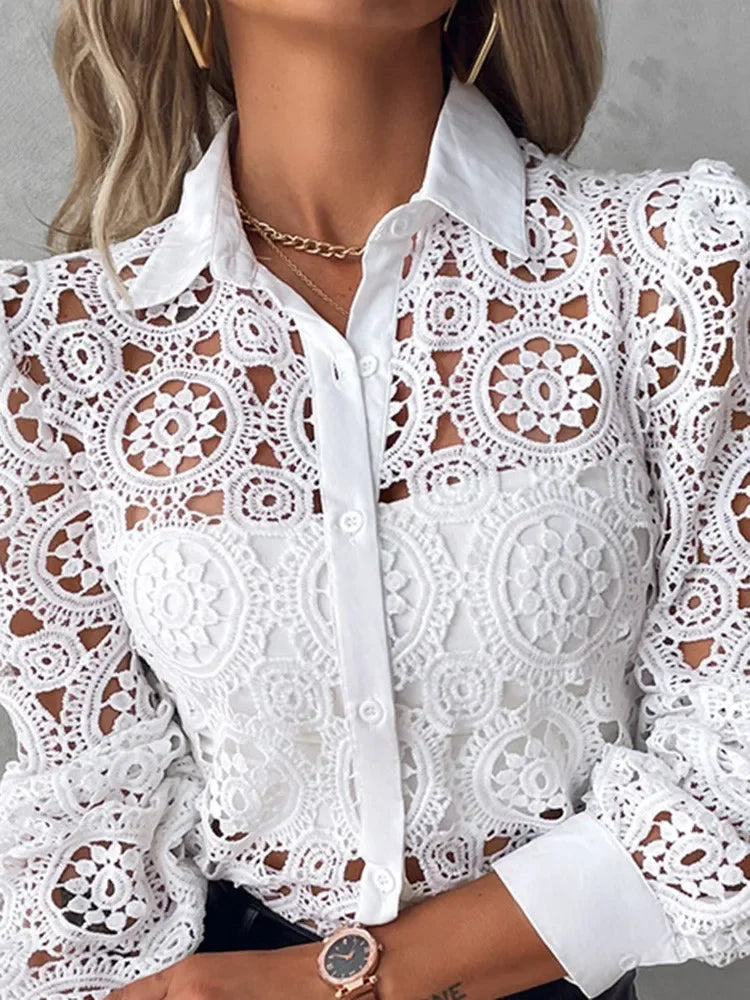 Lansdale Elegant Office White Shirt Long Sleeve Button Turn-down Collar Sexy Hollow Blouse