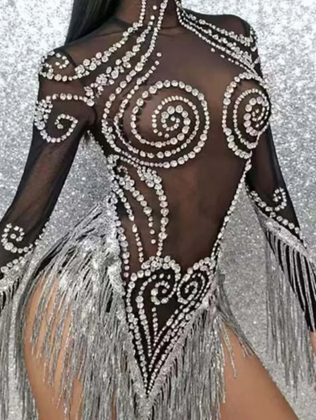 Carbondale Sparkly Rhinestone Tassel See Through Mesh Mini Dress