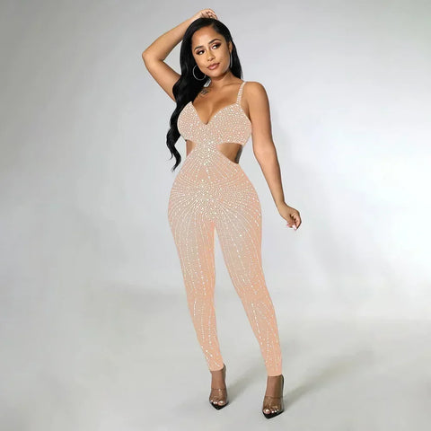Gramercy Park Fashion Sexy Mesh Perspective Hot Drill Sleeveless Halter Jumpsuit
