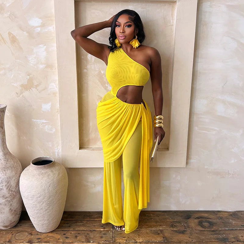 Alabama Mesh See Through One Shoulder Cutout Waist Jumpsuit Draped Overlay