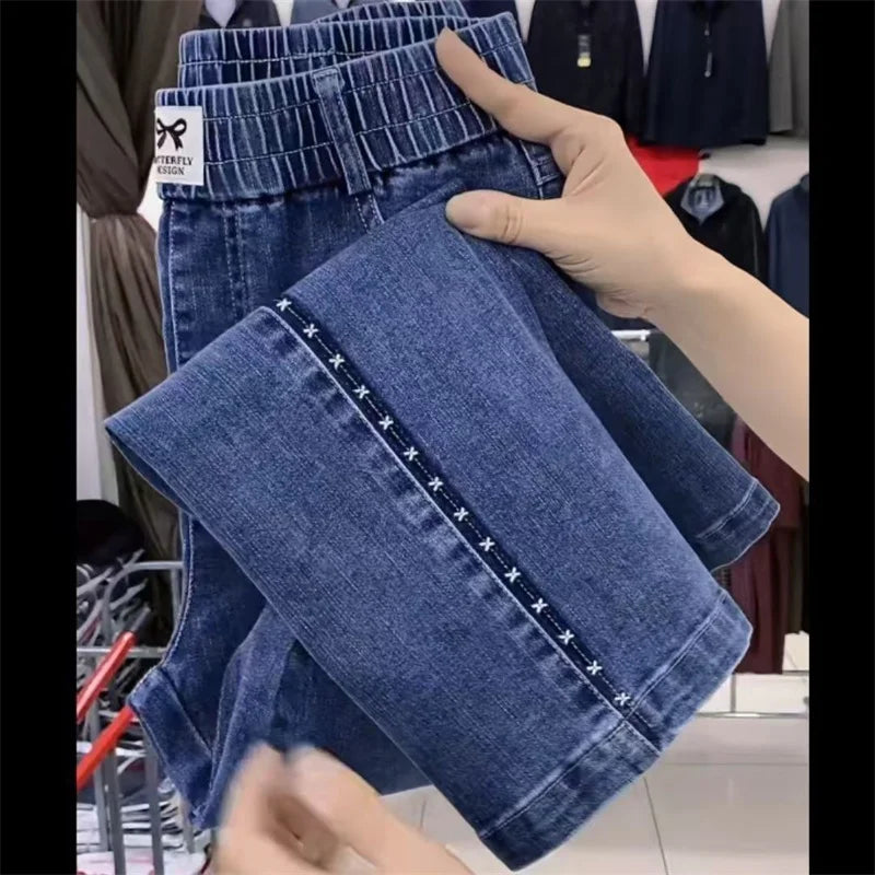 Fashion Women Jeans 2025 New Spring Autumn Korean Wild Elastic Waist Straight Denim