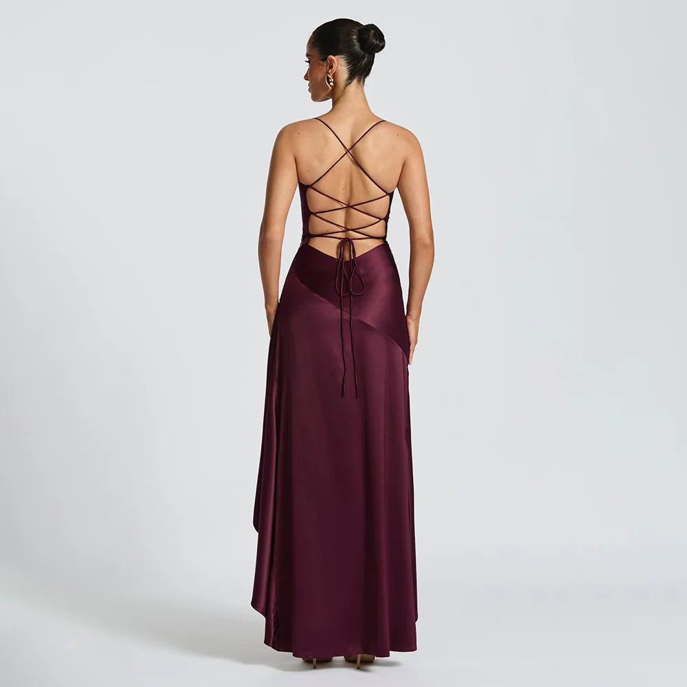 Stony Point Satin Long Dr with High Slit And Lace Trim Charming Dress