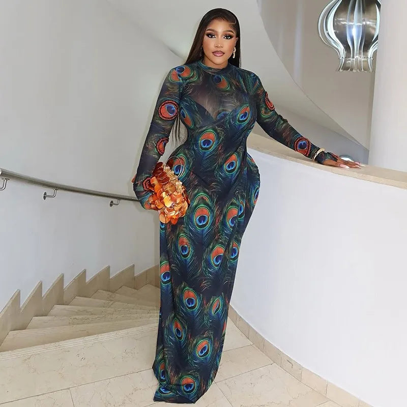 Canada Feathers Print Turtleneck Long Sleeve Hips Wrapped Long Dress