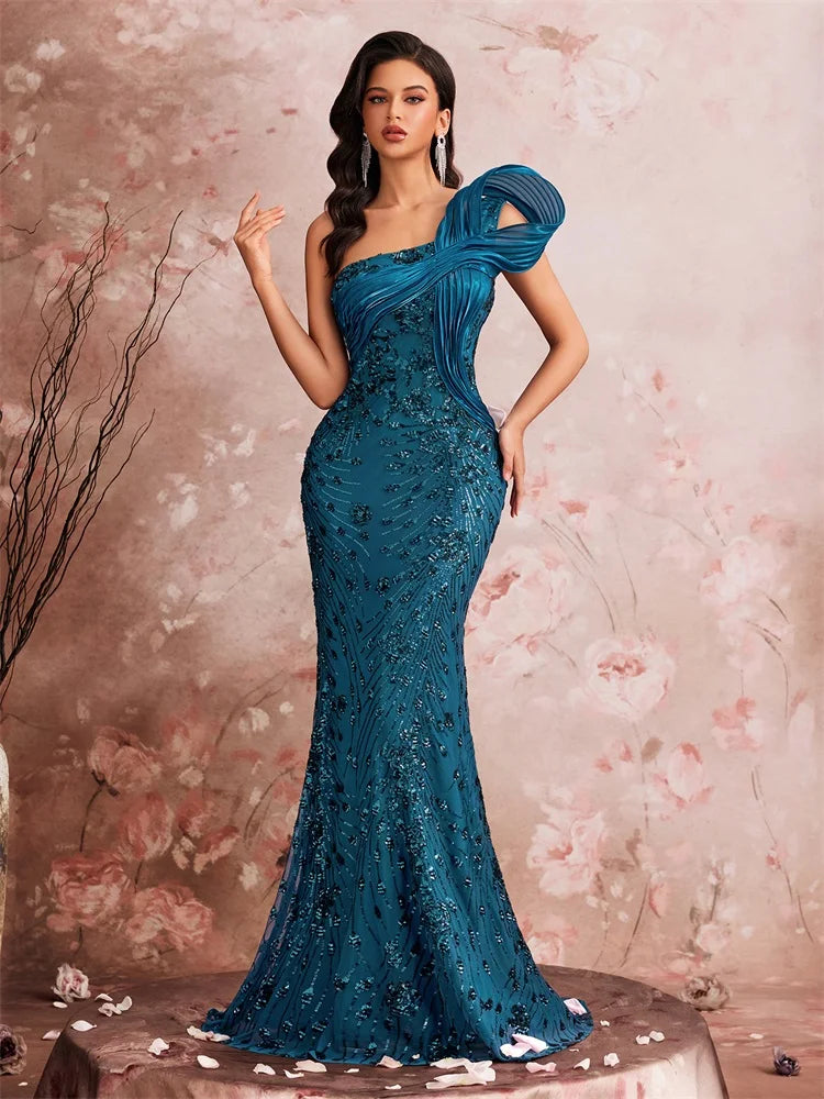 Pocono Luxury Slanted Shoulder Sequins Maxi Evening Dresses