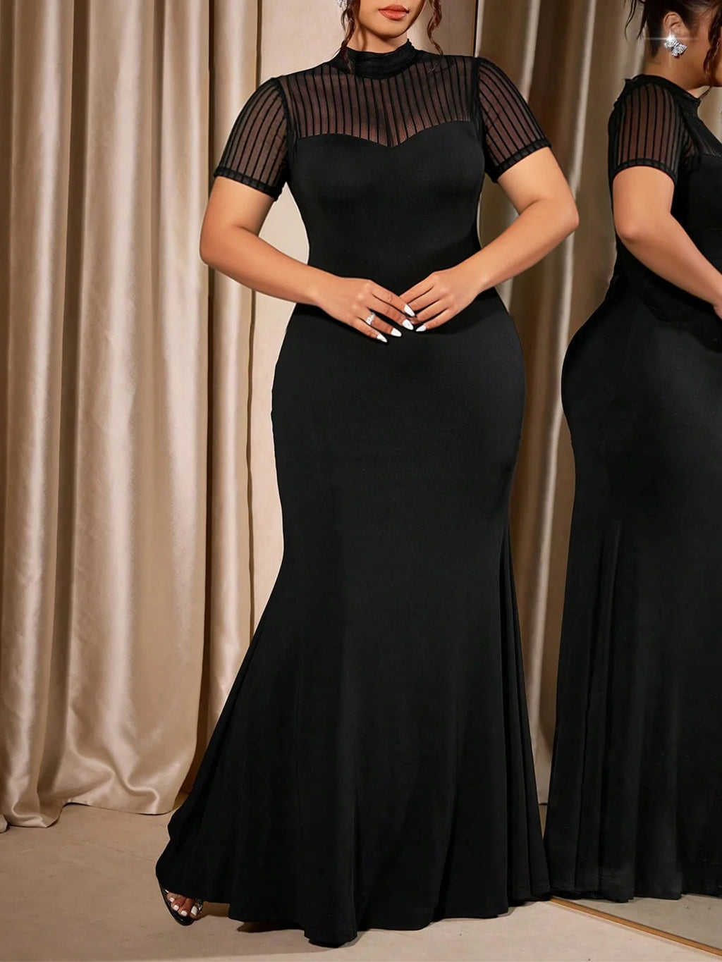 Ceuta Plus Size Mesh High Neck Cap Sleeve Sheer Gown Frock Slim Fit Casual Dress