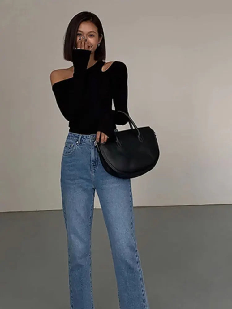 Union City Skew Collar Off Shoulder Long Sleeved T Shirts New Solid Slim Fit Crop Top