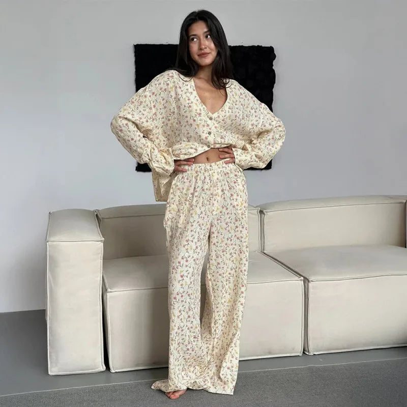 Helen Cute V Neck Long Sleeve Two Piece Sets