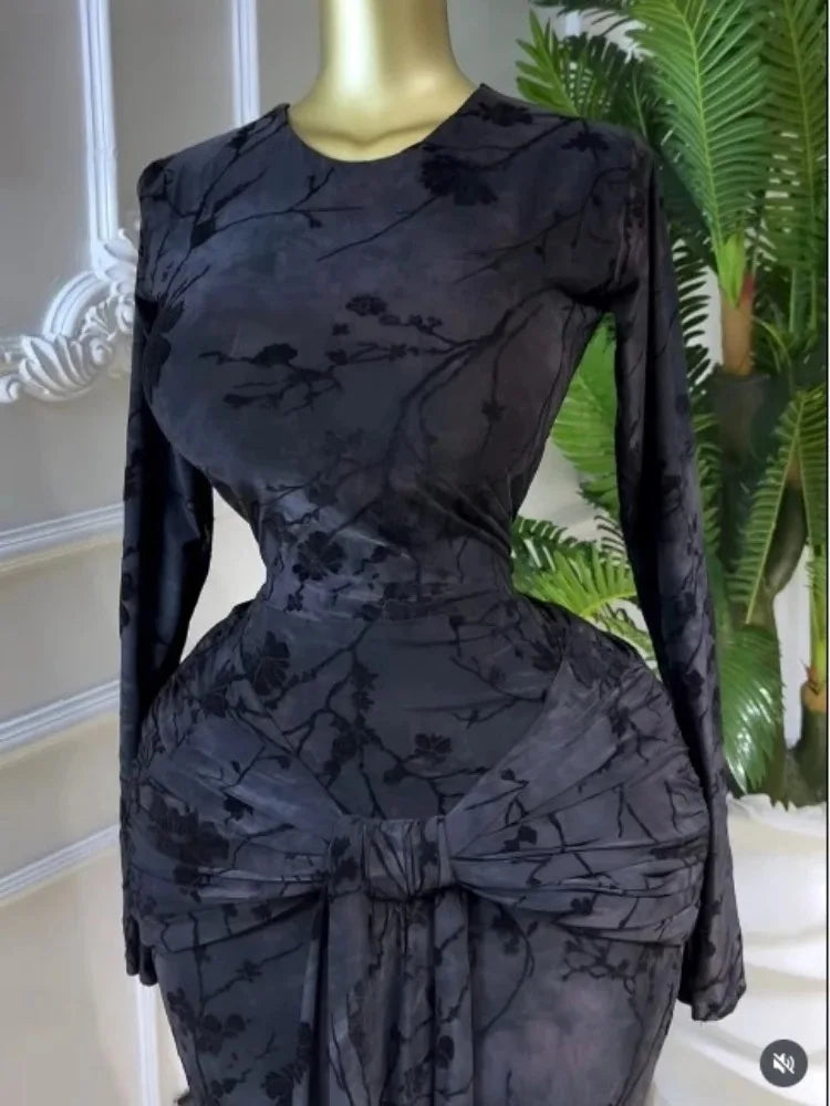 Beattystown Elegant Tie Dye Printed Skew Neck Flare Long Sleeve Ruched Maxi Dress