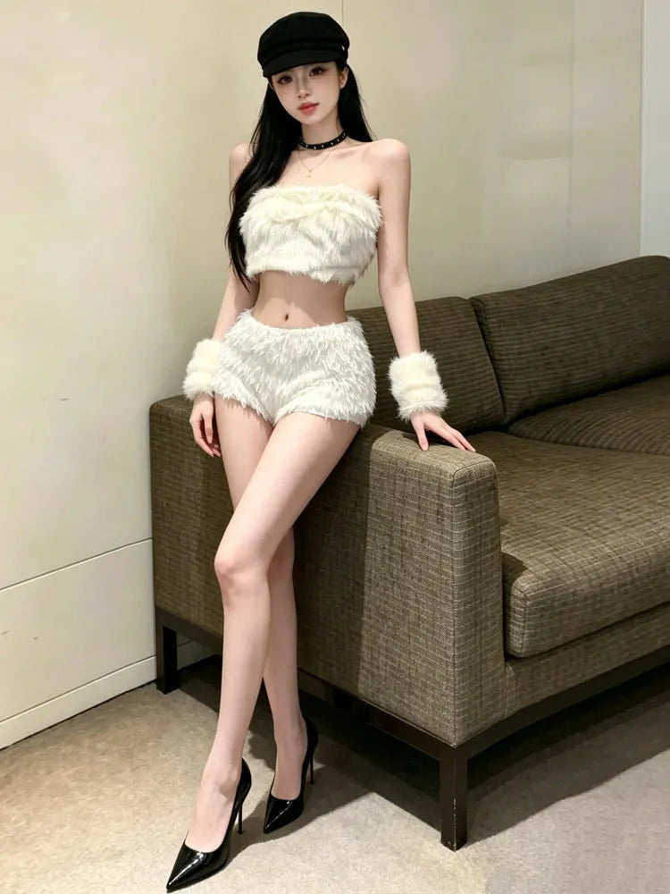 Rosaura Sexy Girl One Shoulder Furry Two Piece Sets