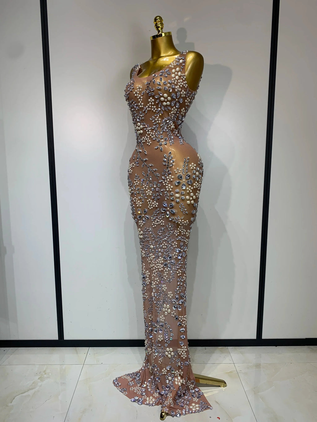 Winchester Lxury Diamonds Mesh See Through Long Elegant Dress
