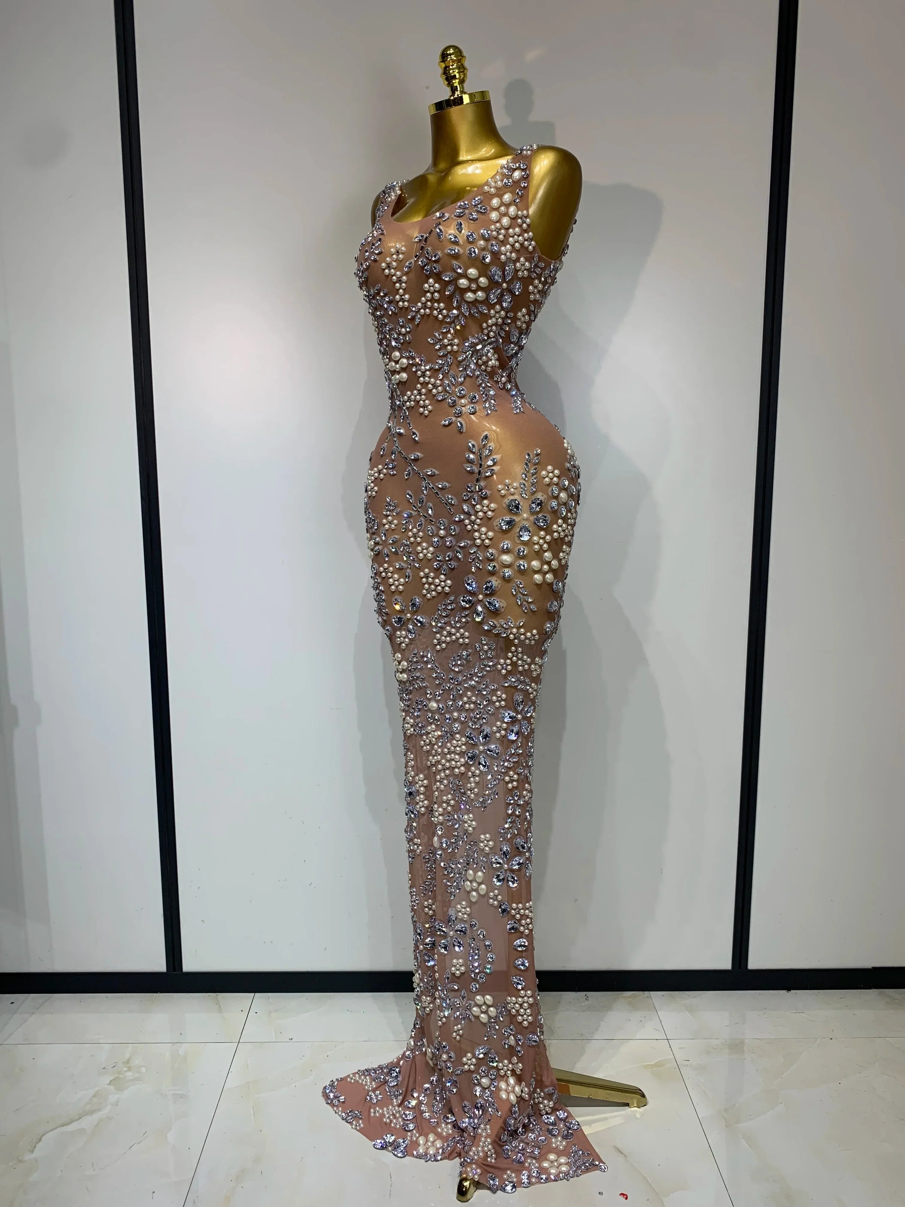 Winchester Lxury Diamonds Mesh See Through Long Elegant Dress