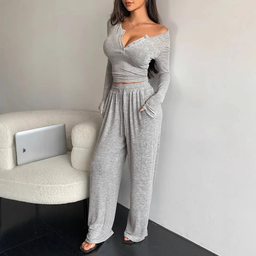 Leah V-neck Long-sleeved Trousers Two-piece Sets