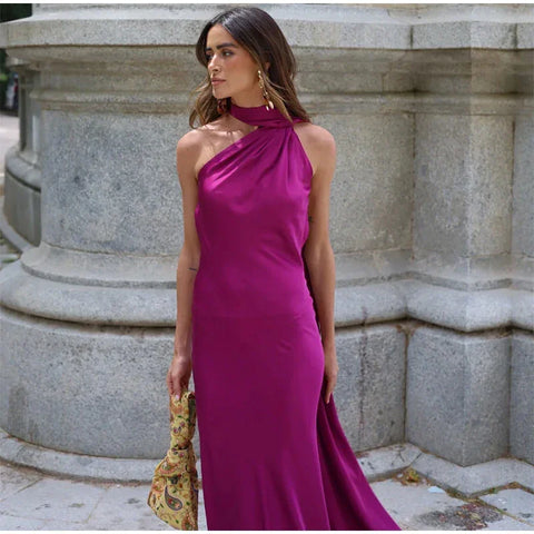 Meadville Elegant Ribbon Halter Solid Off Shoulder Sleeveless Backless Slim Maxi Dress