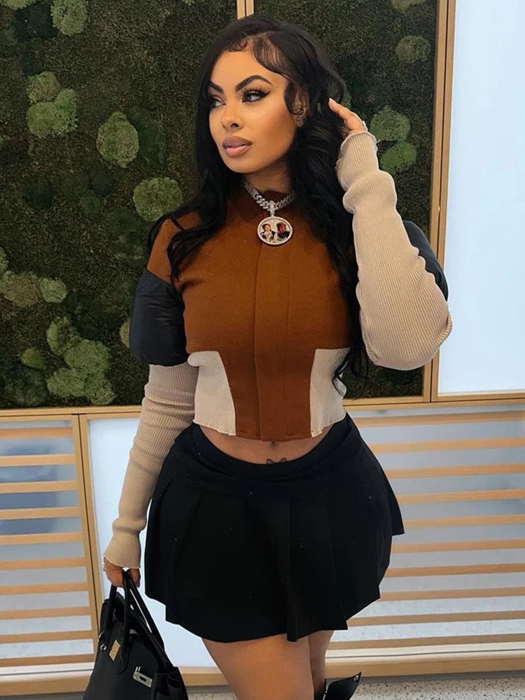 Spotswood Patchwork Long Sleeve Jacket Chic Zip Hipster Trend Coat Outwear