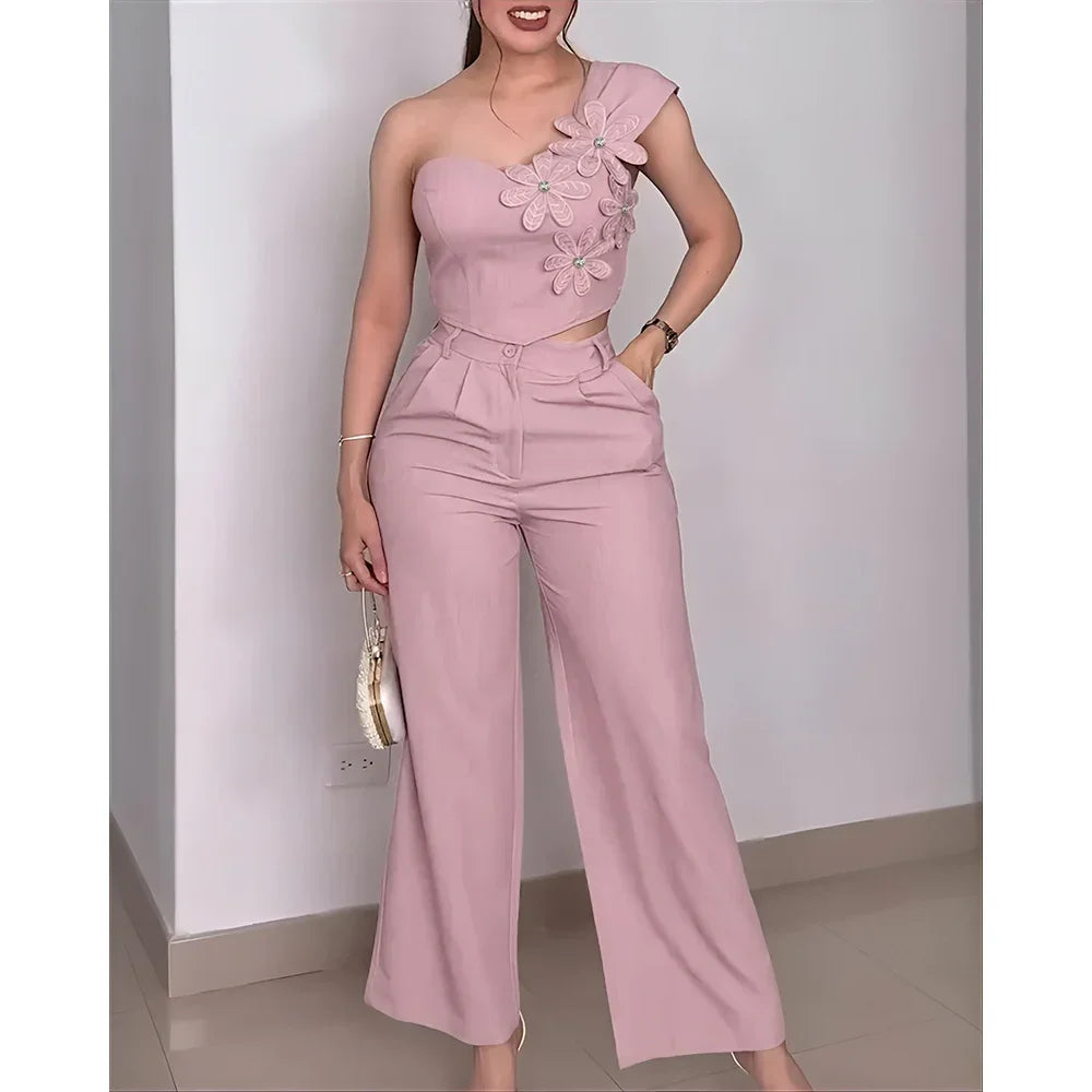 Francisca Floral Applique One Shoulder 2 Pieces Sets