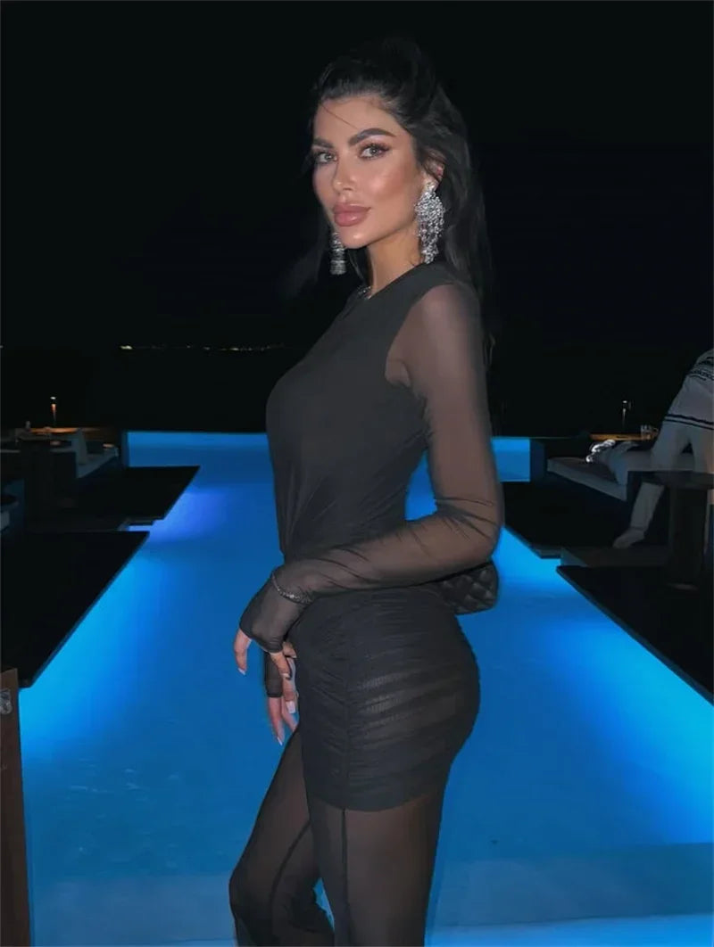 Milford Deep V Neck Long Sleeve Sexy Patchwork See Through Ruched Jumpsuits