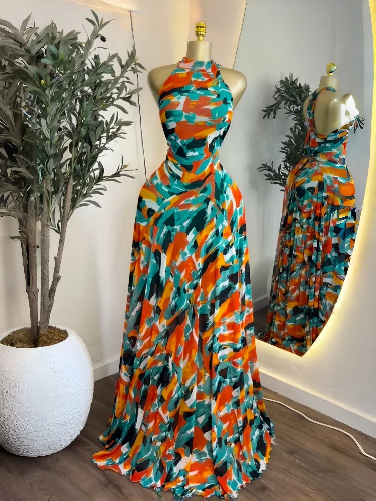 O Neck Sleeveless Floral Print Mermaid Evening Birthday Beach Sexy Maxi Dress