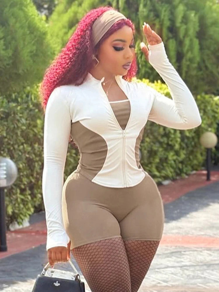 Ottawa Contrast Design Zip Full Sleeve Tide Daily Casual Sporty Fashion Outfits Set